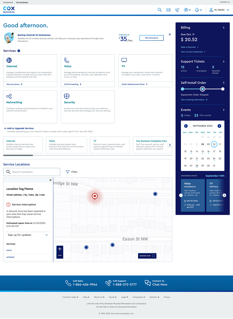 Homepage design of the new Cox Business MyAccount featuring Services, Shoppable Elements and a Service Location map to track any outages. 