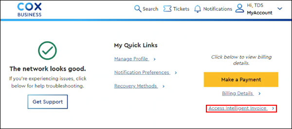 Image of MyAccount highlighting the Access Inteligent Invoice link