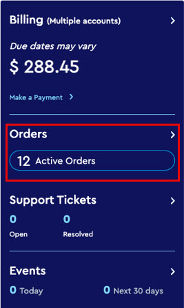 Image of Orders option on MyAccount home page 