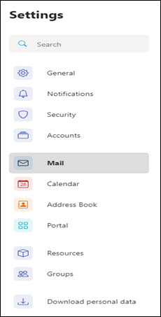 Image of Settings window, Mail selected