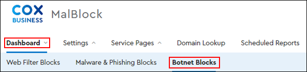 Image of MalBlock Dashboard Botnet Blocks tab