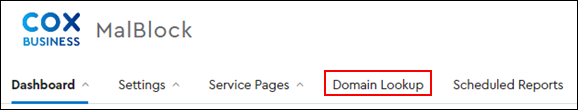 Image of MalBlock Dashboard Domain Lookup tab