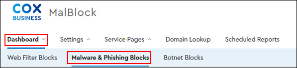 Image of MalBlock Dashboard Malware & Phishing Blocks Tab