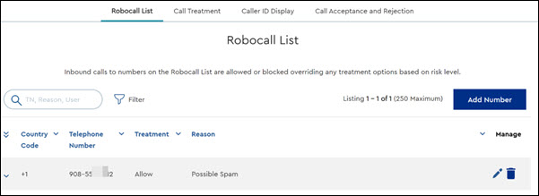 Image of Robocall Allow list in Myccount
