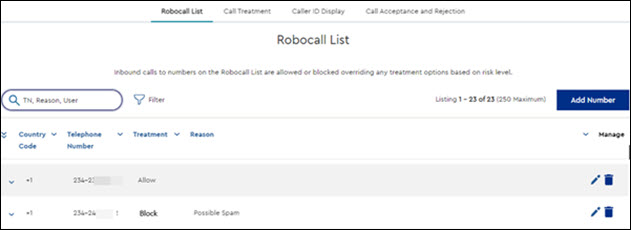 Image of Robocall allow or block list in MyAccount