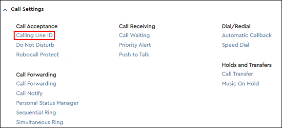 Image of Call Settings Page Calling Line ID link