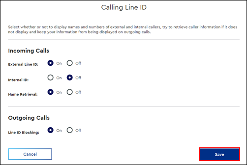 Image of Calling Line ID Save Button