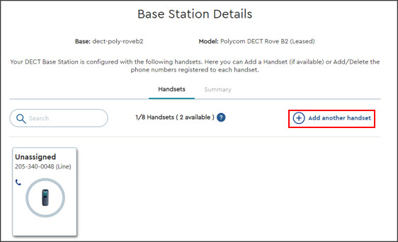 Image of MyAccount Base Station Details screen highlighting the Add Another Handset link