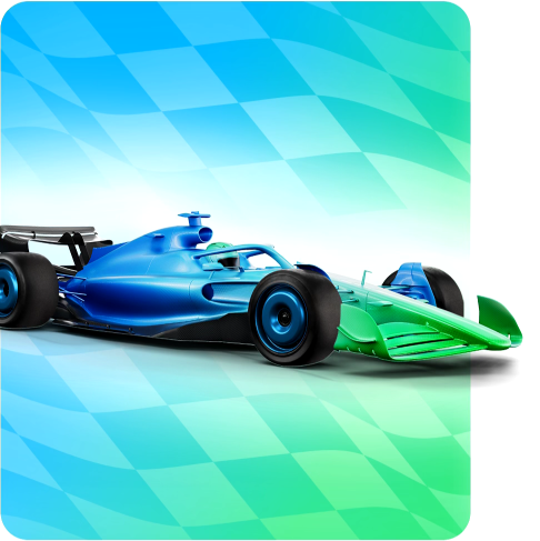 /blue-green-race-car-on-blue-green-checkered-flag-background