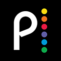 white letter p on a black background with colorful dots stacked on the right