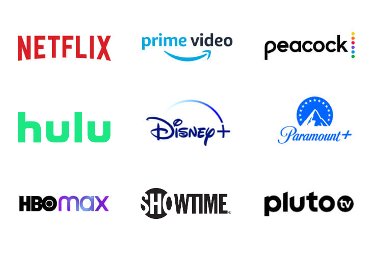 Logotipos de la app de <i>streaming</i> del reproductor de <i>streaming</i> Contour: Netflix, Prime Video, Hulu, Disney+
