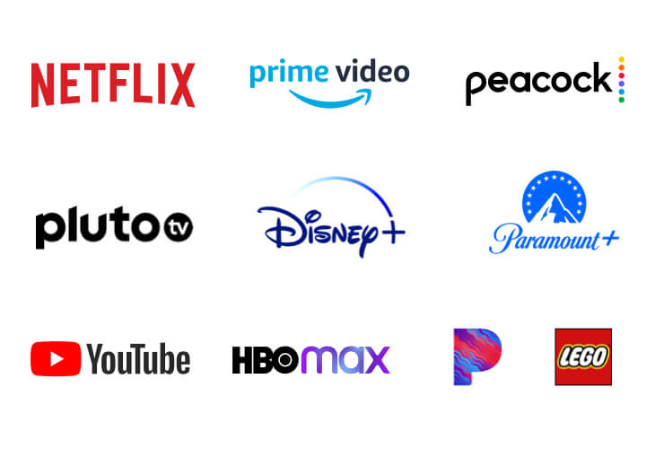 Logotipos de la app de <i>streaming</i> del reproductor de <i>streaming</i> Contour: Netflix, Prime Video, Disney+