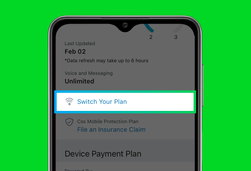 Mobile device with Cox Mobile account change plan highlighted on screen over green