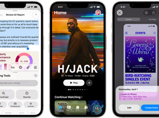 Side-by-side iPhone 17e devices showing different screens: a game being played, Writing Tools, Apple TV app, a calendar event being created, a Genmoji being created