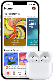 iPhone 17e, front exterior, Apple Music app with Home Screen open, next to AirPods 4 in open MagSafe Charging case