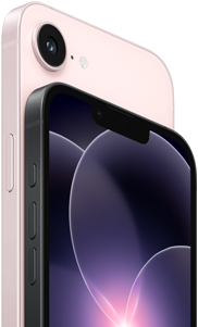 iPhone 17e, horizontal side and back exterior, soft pink color, iPhone 17e, horizontal side and front exterior, black color