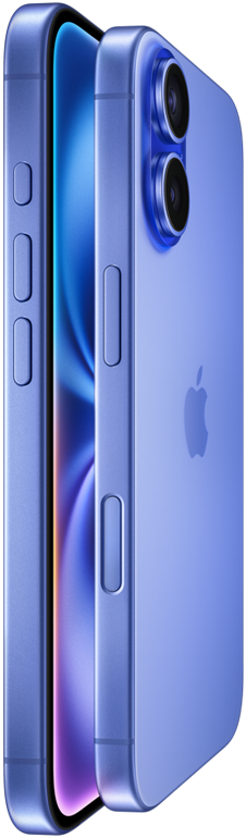 Two iPhone 16 devices, side exterior, stacked facing each other in Ultramarine finishes, volume buttons, Action button, Side button, Camera Control button, Apple logo in center, raised Advanced dual-camera system