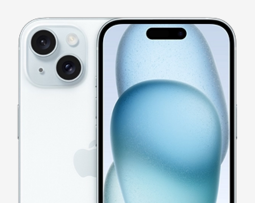Vista frontal y trasera del Apple iPhone 15 azul