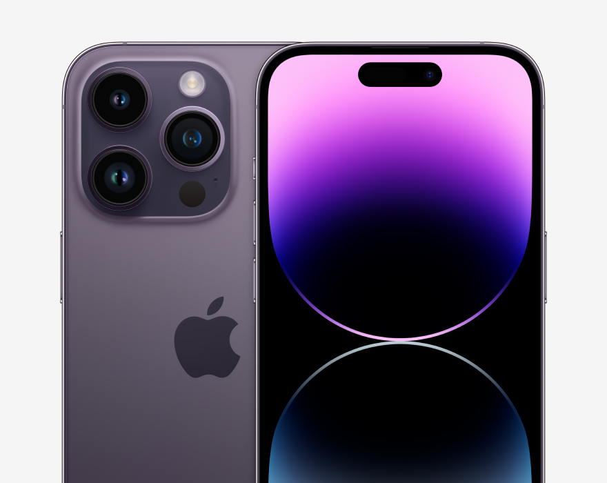 Vista frontal y trasera del Apple iPhone 14 Pro en púrpura profundo