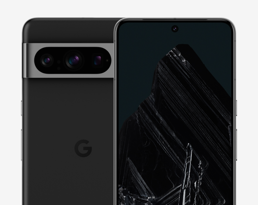 Google Pixel 8 Pro in obsidian front and back view