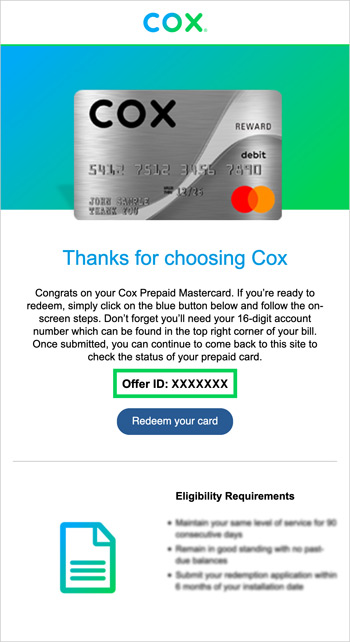 Muestra de un email sobre la tarjeta prepagada Visa de Cox