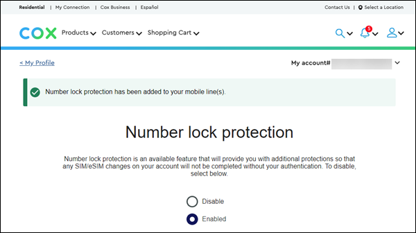 Image of Cox Mobile My Account Number Lock Protection Confirmation Message