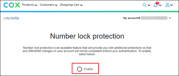 Image of Cox Mobile My Account Number Lock Protection Enable