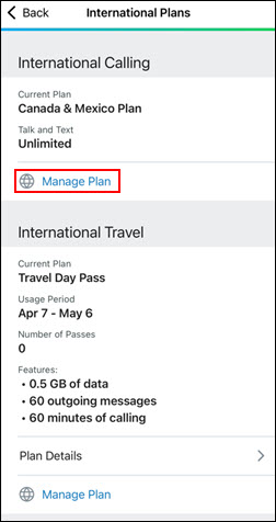 Image of International Plans Screen, Manage Plan