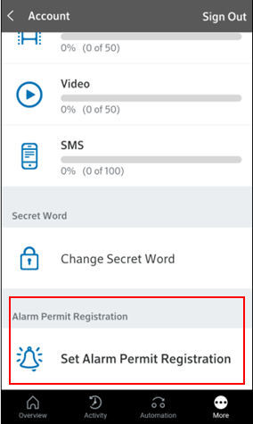 Image of the account screen highlighting Alarm Permit Registration 