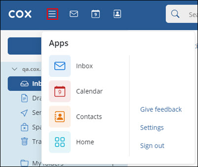 Image of the new webmail interface Apps menu